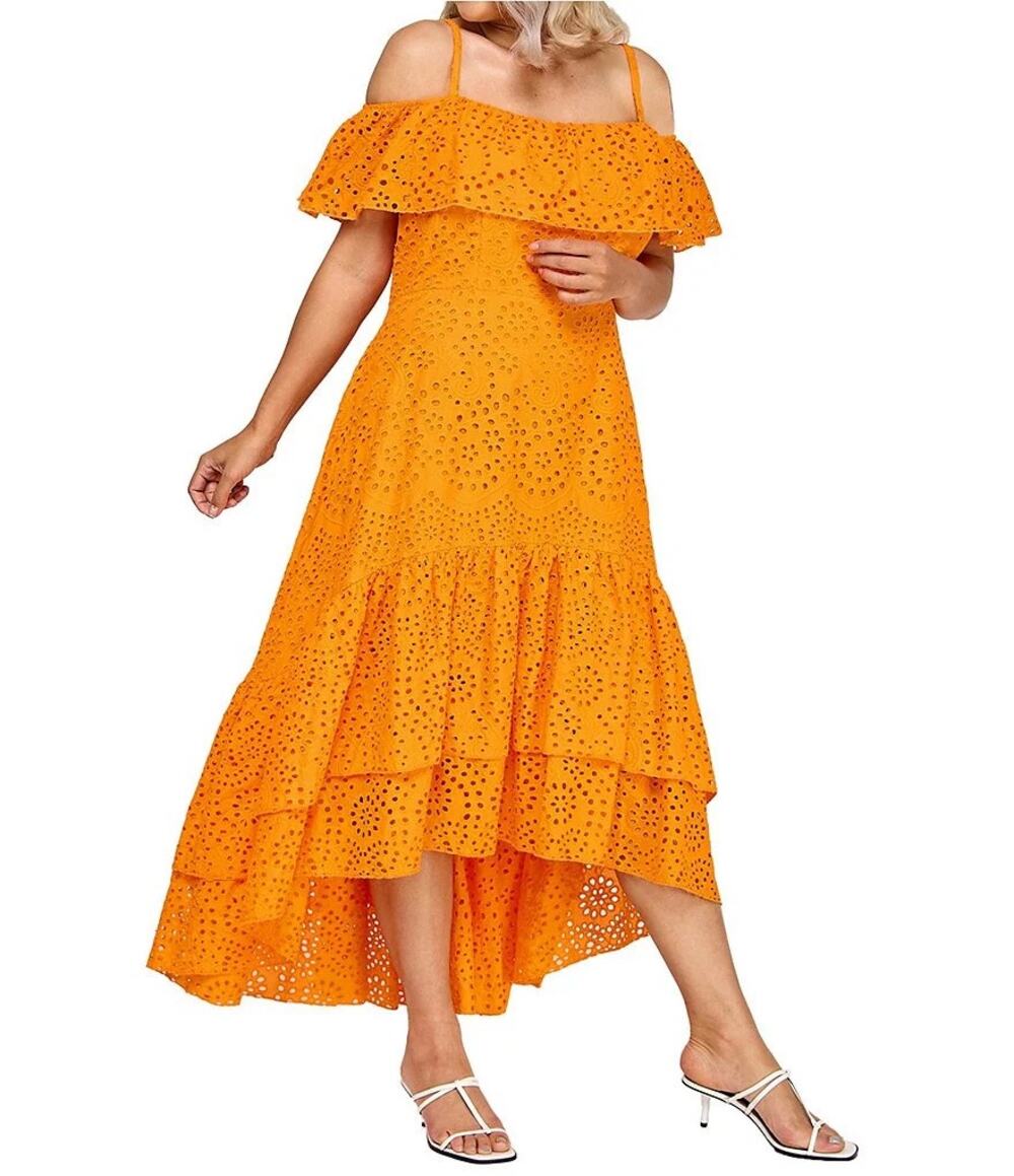 Layered with Love $249 Square Neck Off Shoulders Ruffled Embroidered Dress 2X